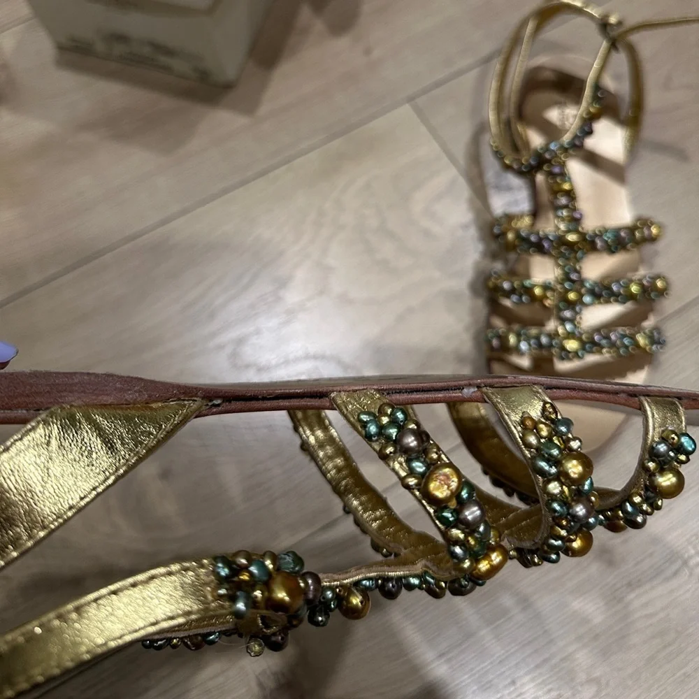 BO'EM Plage Italy Gold Hand Beaded Multi-Colored Faux-Pearl Sandals size‎ 38